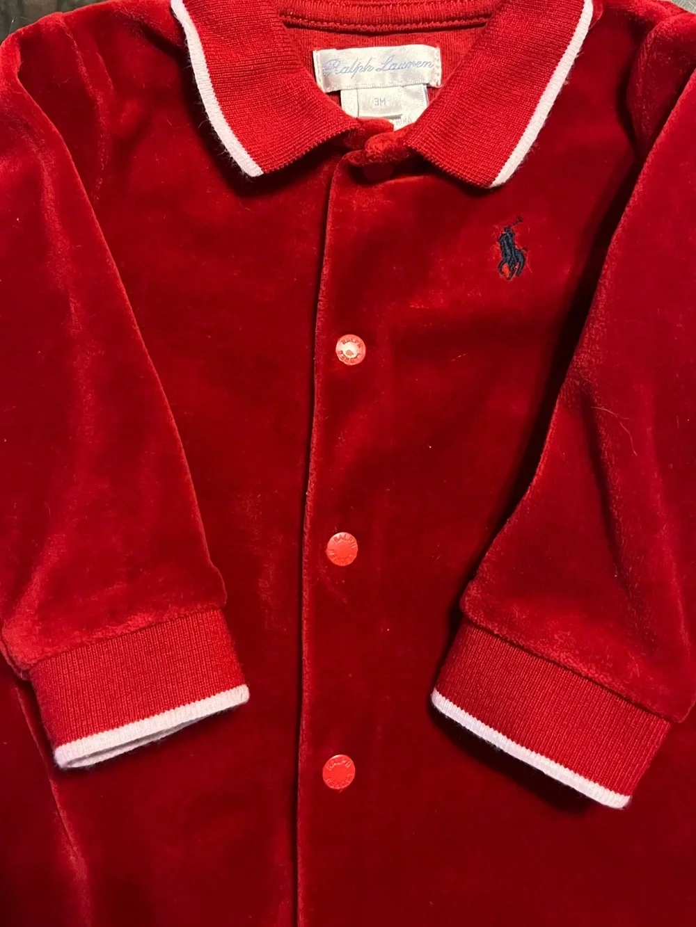 Ralph Lauren Baby Red Velour Footed Sleeper 3M Polo One Piece